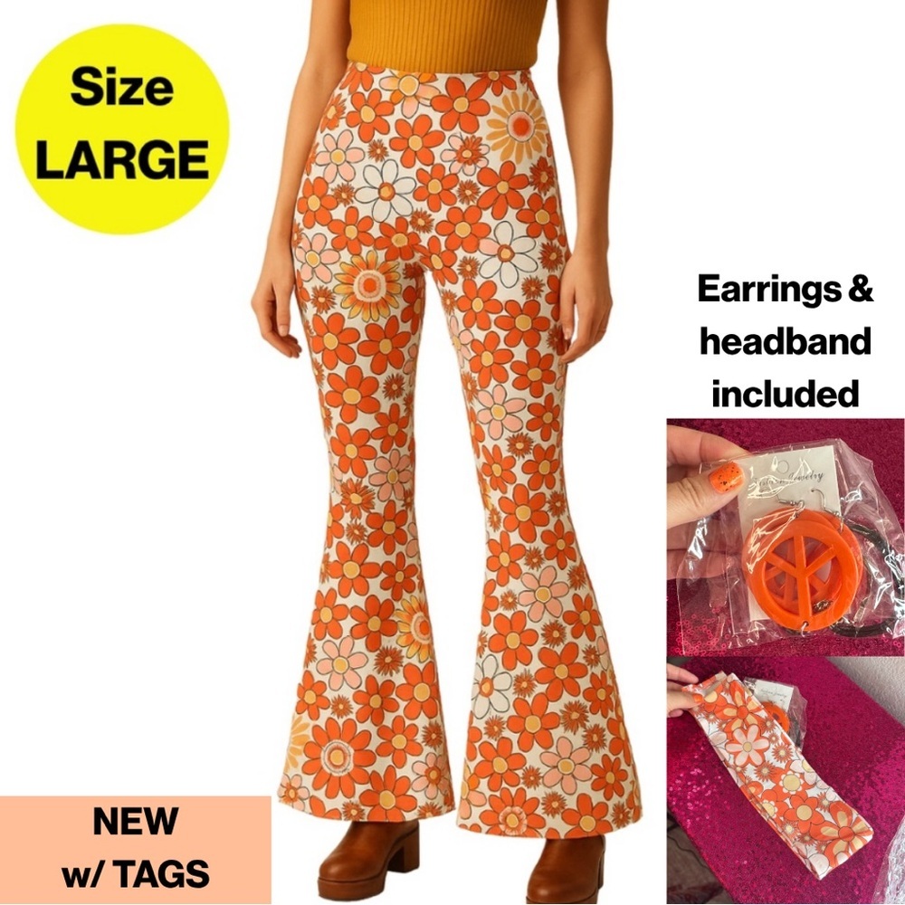 2/for $20 🪩 70s Bell Bottoms, Orange Floral Pants, Hippie, Retro, cosplay